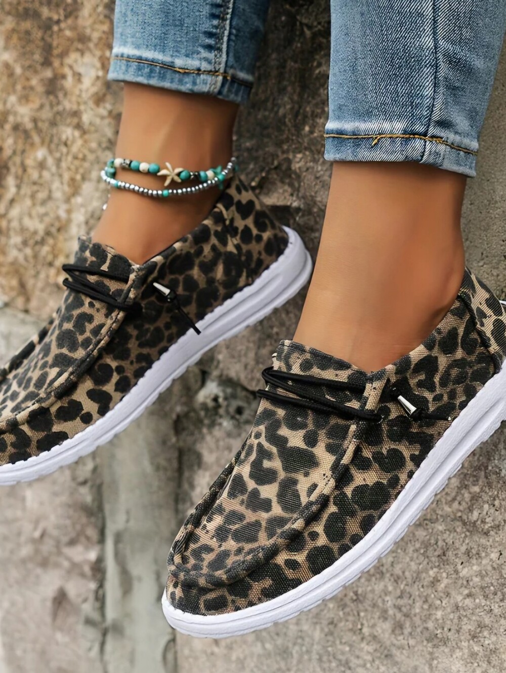 Leopard Print Slip-On Canvas Sneakers - Women's Tan